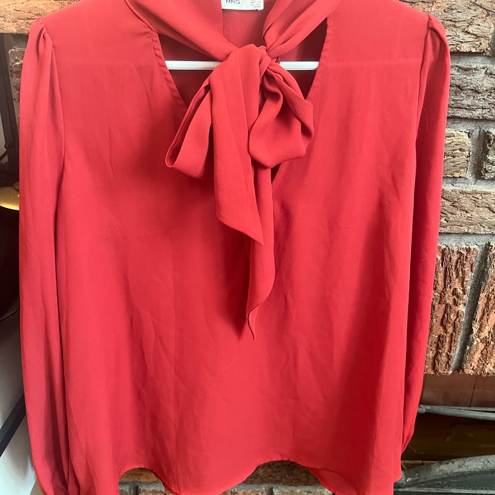 Mango Red Tie Front Blouse with Long Sleeves